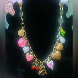 Gold-Plated Charm Necklace with Pink & Multi-Colored Accents